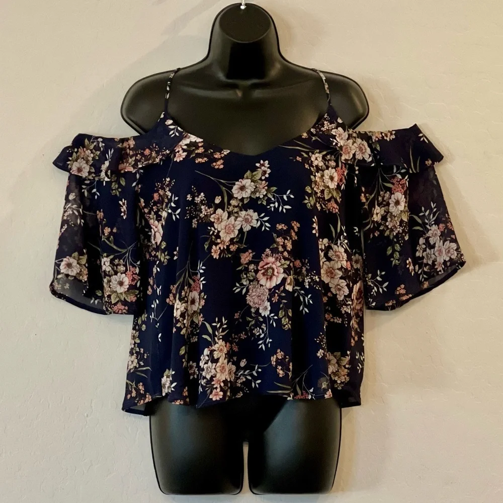 BLUE Floral Cold Shoulder Top - Picture 1 of 5